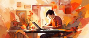 colourful illustration of a student writing at a desk