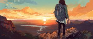 A hiker with a backpack on a hill overlooking a sunset