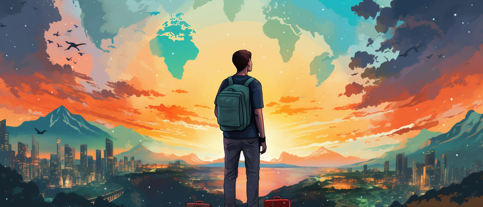 a student standing on a hill overlooking a city, with a map of the world in the sky